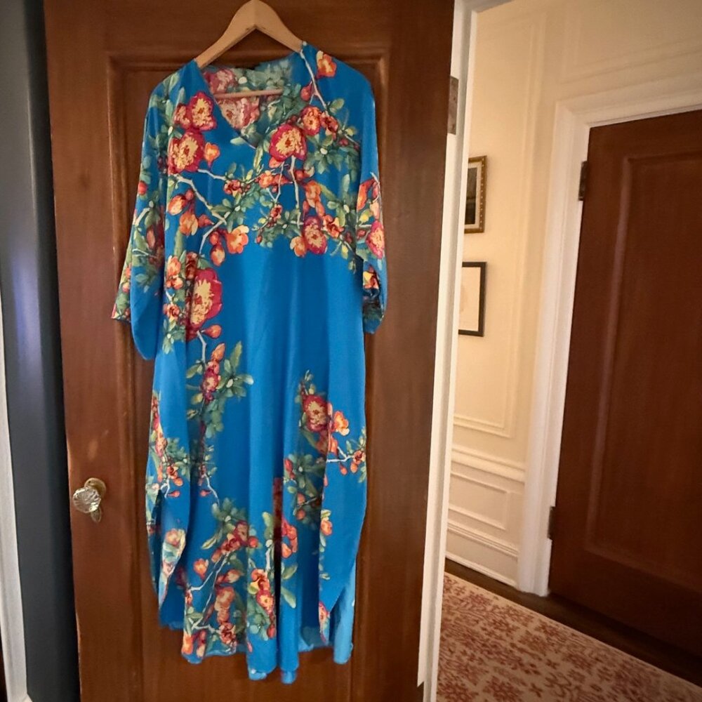 Natori Teal Floral Maxi Dress with Orange-Red Blooms